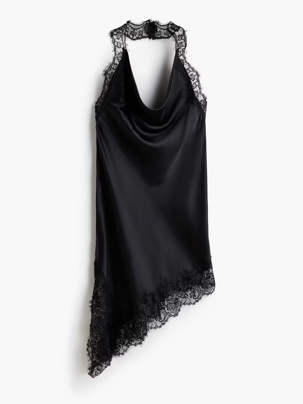H&M Black Satin Lace-Trim Asymmetric Chemise